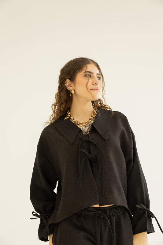 Linen Bow Shirt in Black