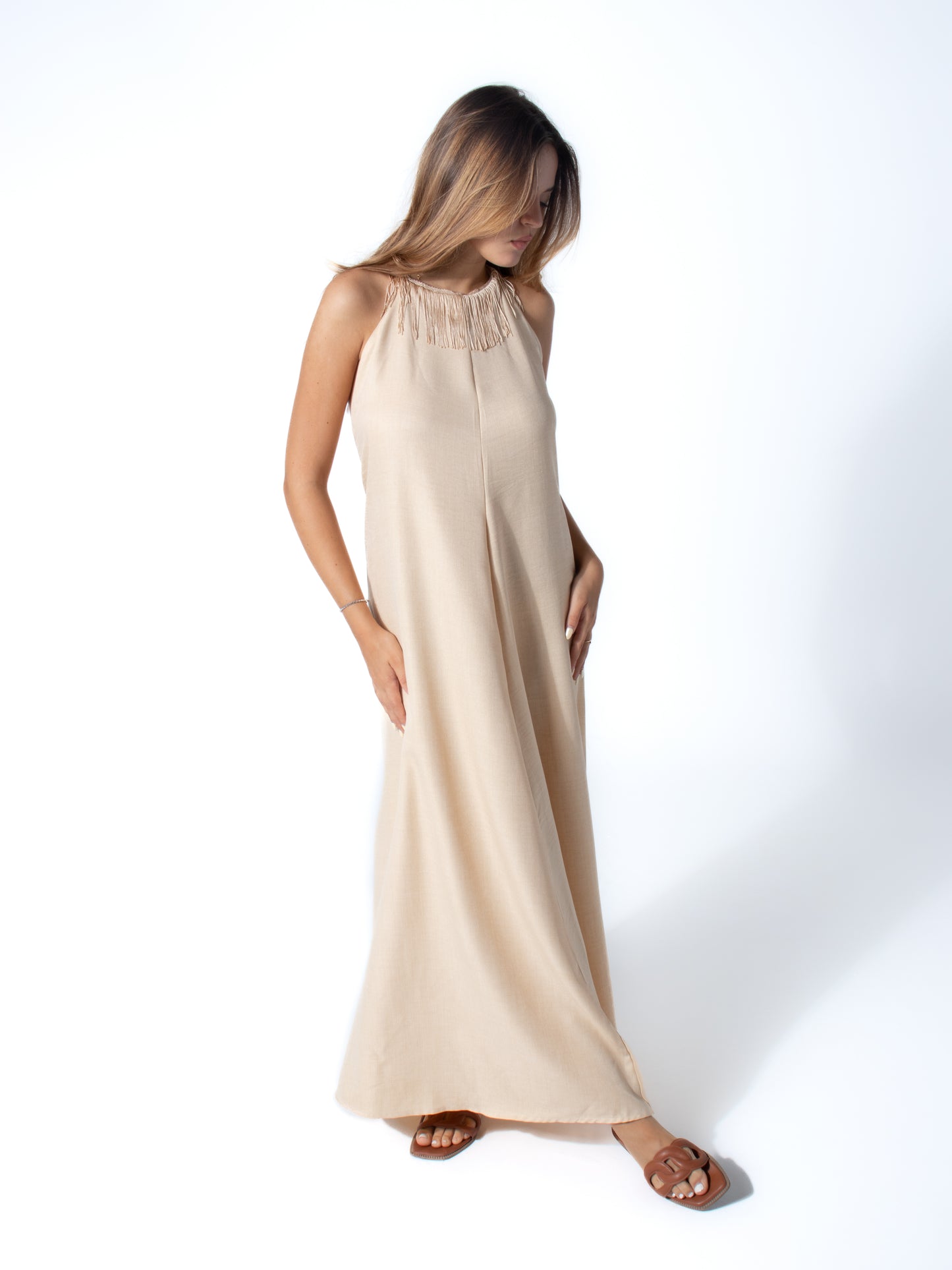 Fringe Linen Dress in Nude