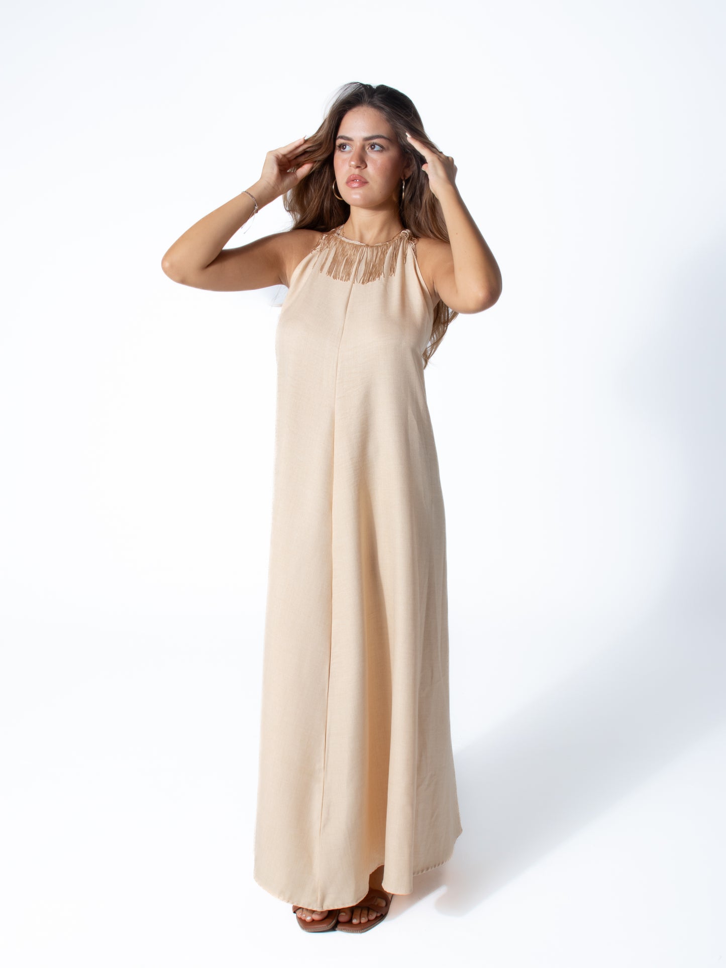 Fringe Linen Dress in Nude