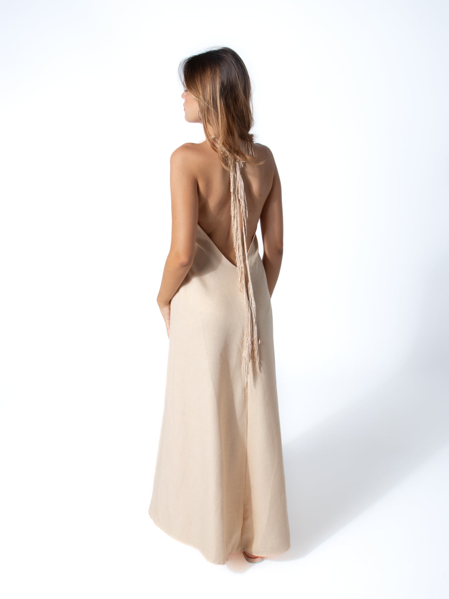 Fringe Linen Dress in Nude