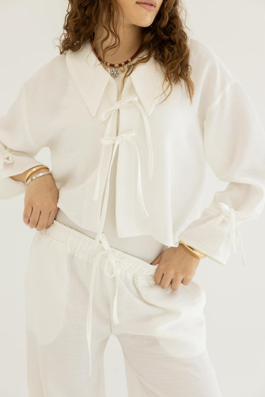 Linen Bow Shirt in White