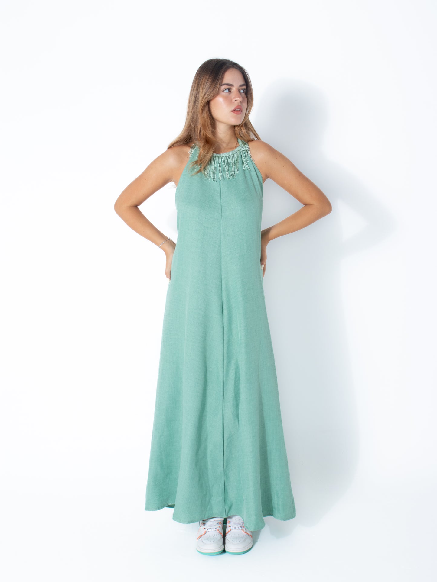Fringe Linen Dress in Mint