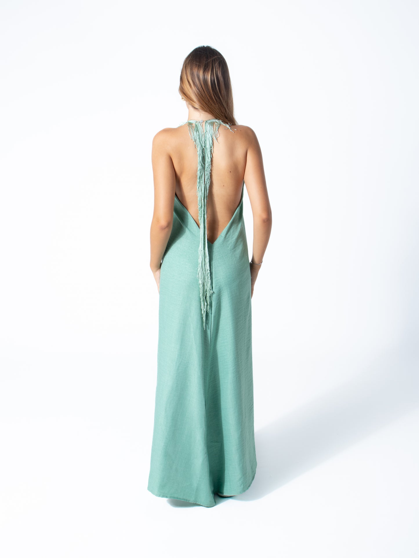 Fringe Linen Dress in Mint