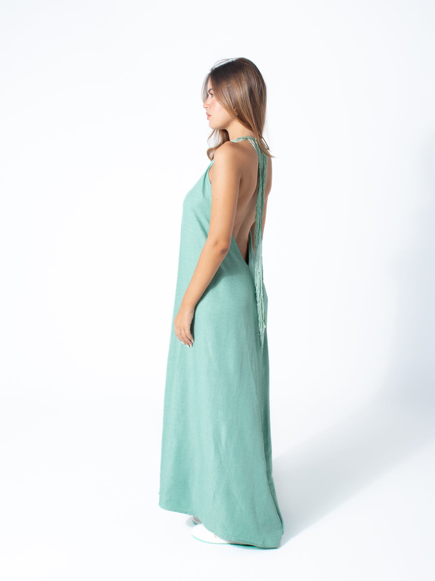 Fringe Linen Dress in Mint