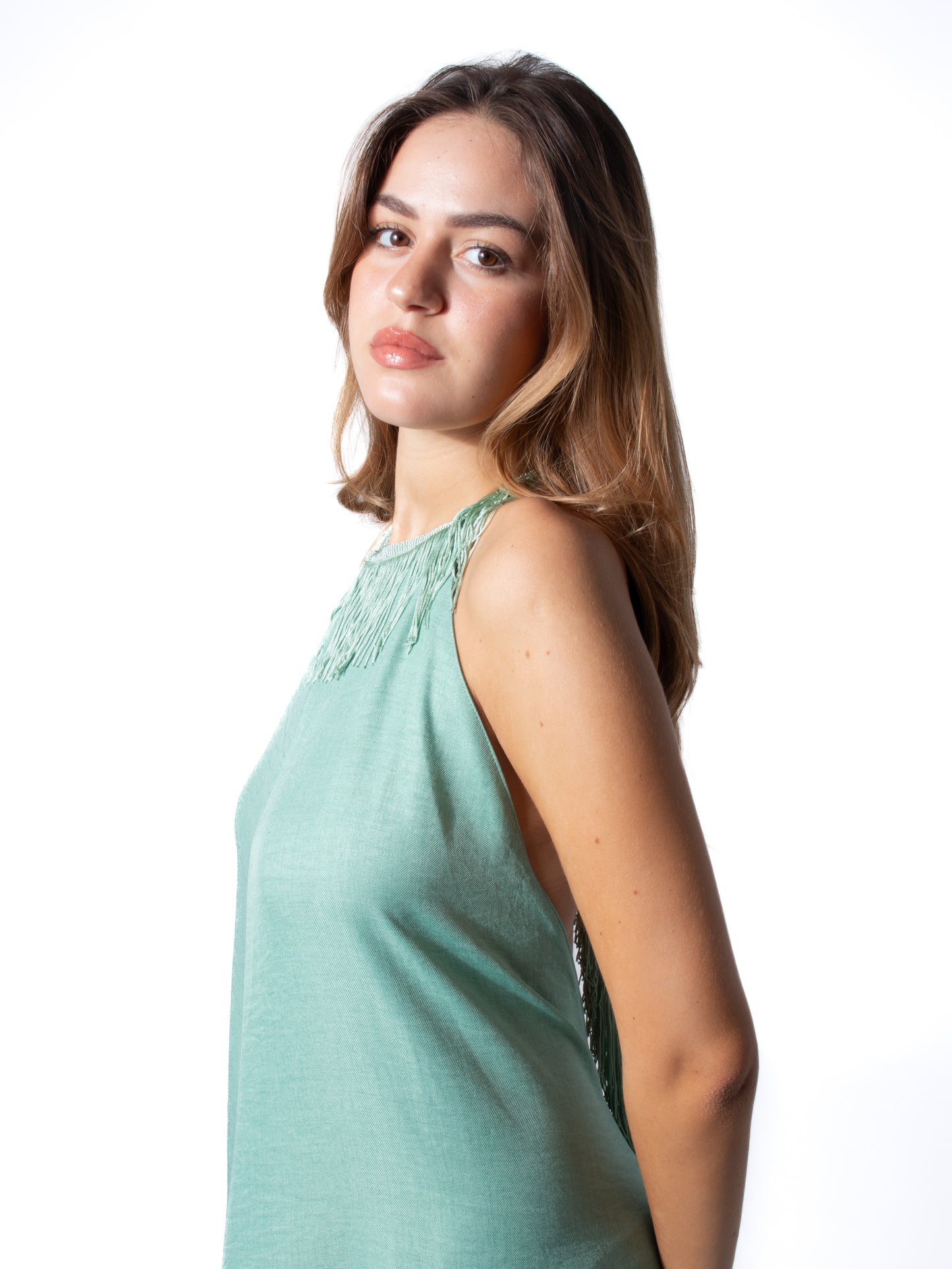 Fringe Linen Dress in Mint