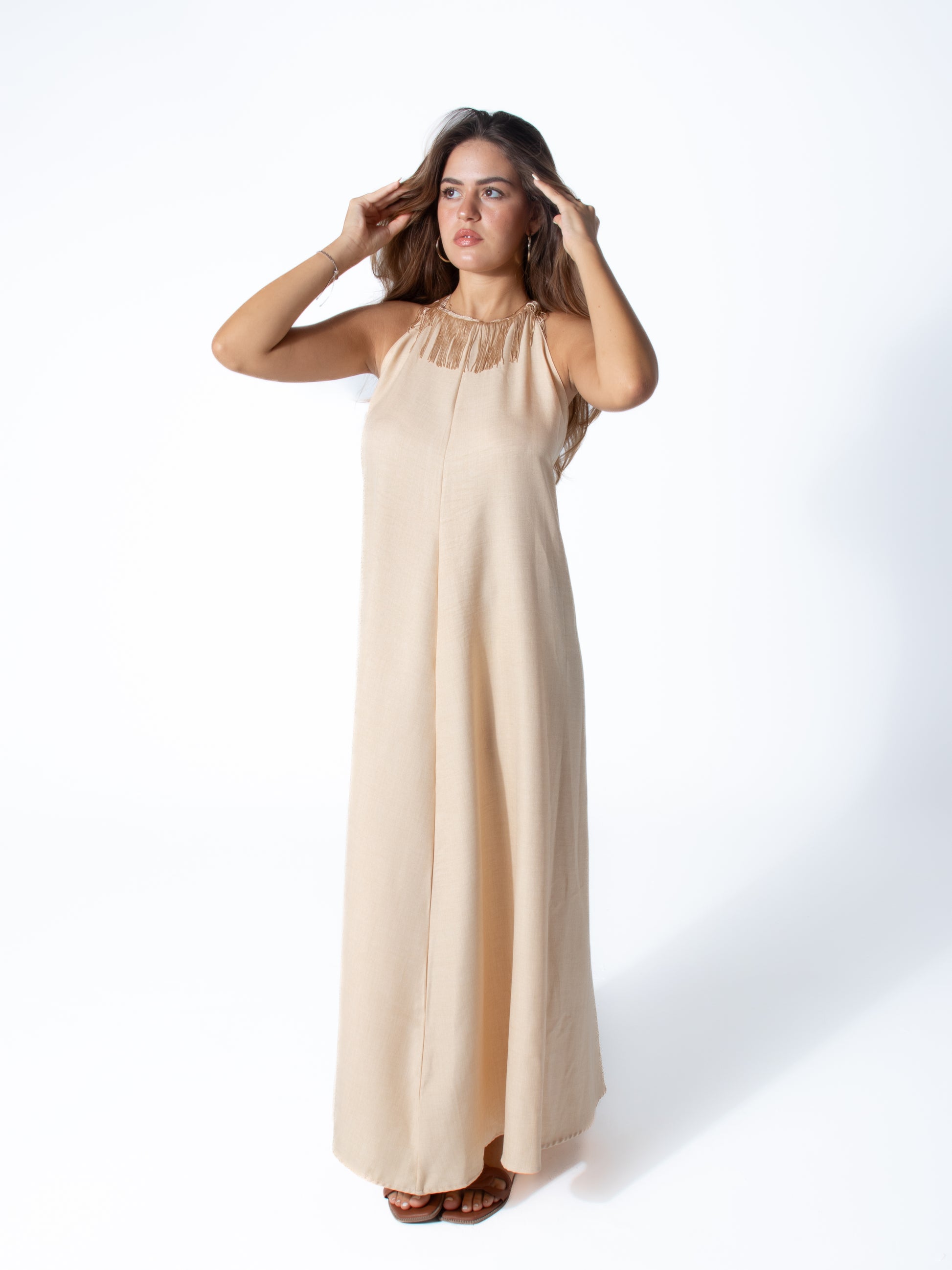 Fringe Linen Dress in Nude Fringe Linen Dress in Nude