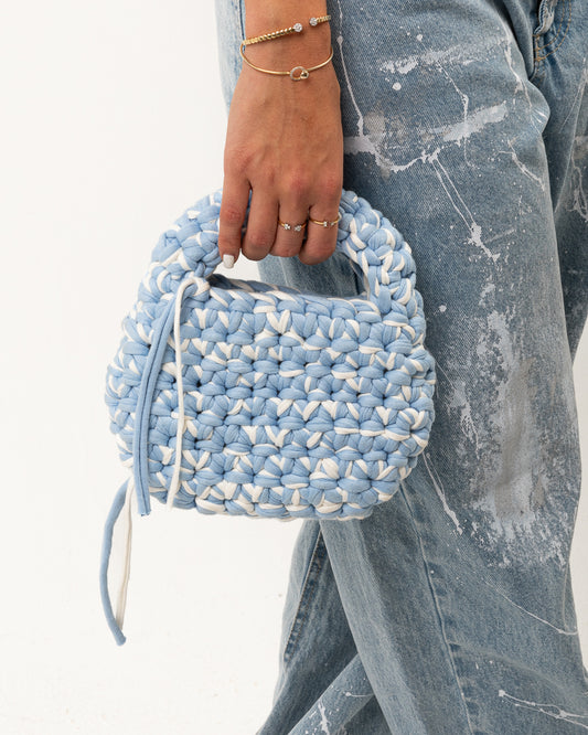 Mini Bind Bag in White & Baby Blue